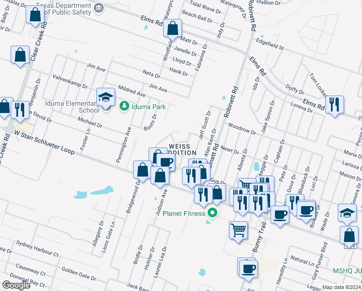 map of restaurants, bars, coffee shops, grocery stores, and more near 4101 Terri Linn in Killeen