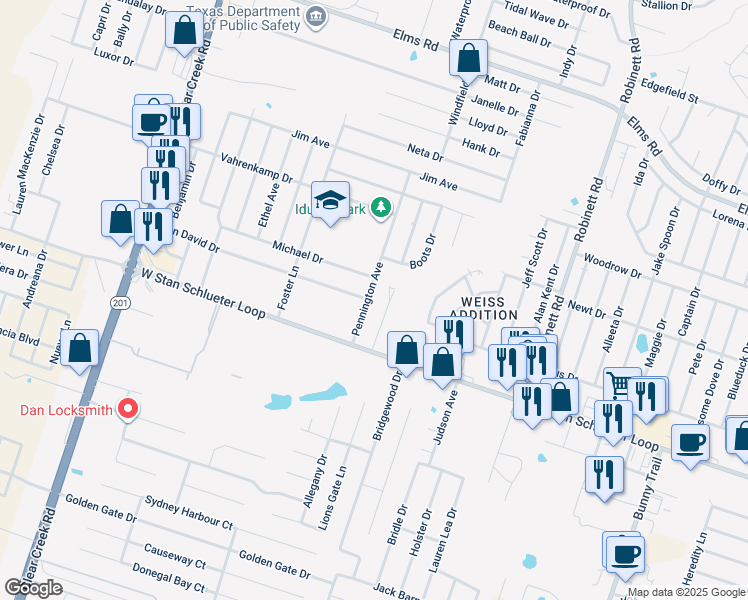 map of restaurants, bars, coffee shops, grocery stores, and more near 4602 Pennington Avenue in Killeen