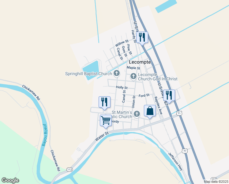map of restaurants, bars, coffee shops, grocery stores, and more near 1708 Fry Street in Lecompte