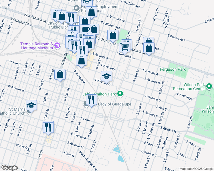 map of restaurants, bars, coffee shops, grocery stores, and more near 515 East Avenue D in Temple