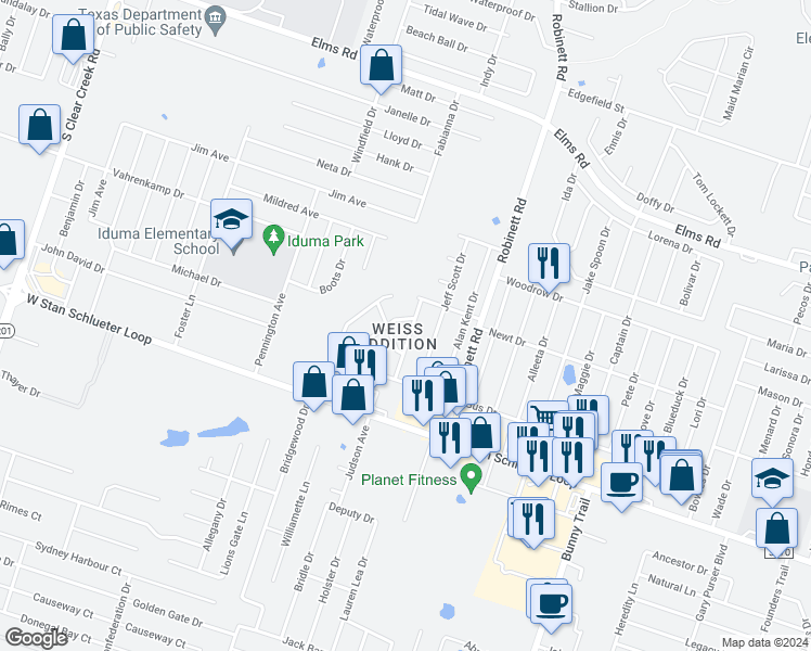 map of restaurants, bars, coffee shops, grocery stores, and more near 4300 Abigail Drive in Killeen