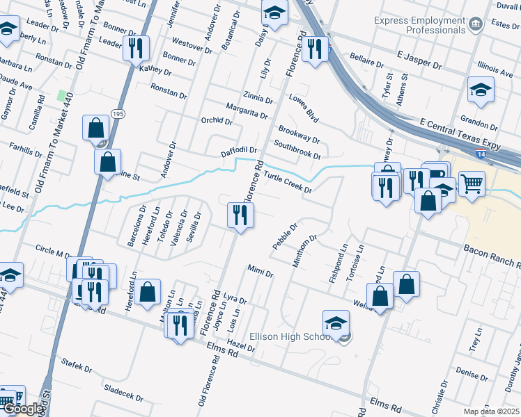 map of restaurants, bars, coffee shops, grocery stores, and more near 102 Kings Court in Killeen