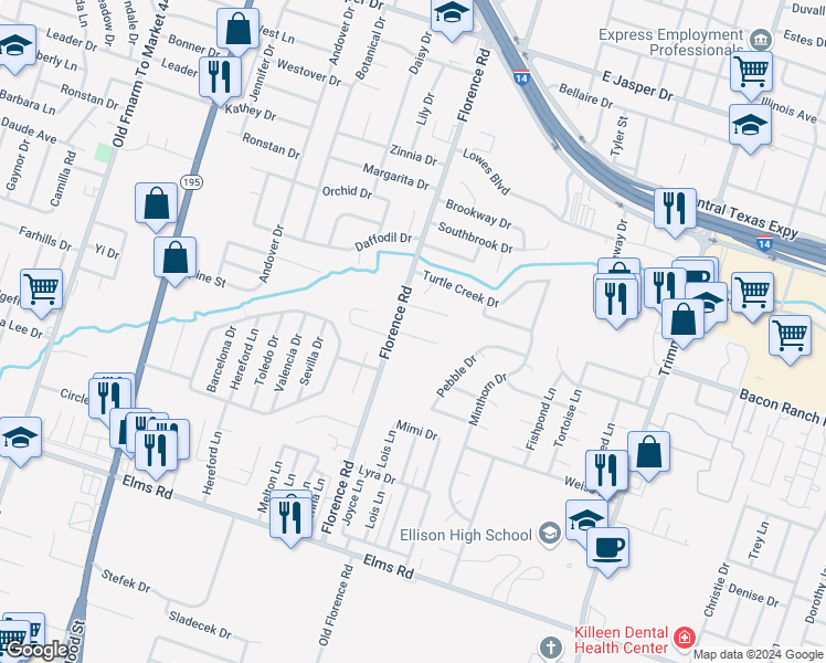 map of restaurants, bars, coffee shops, grocery stores, and more near 102 Kings Court in Killeen
