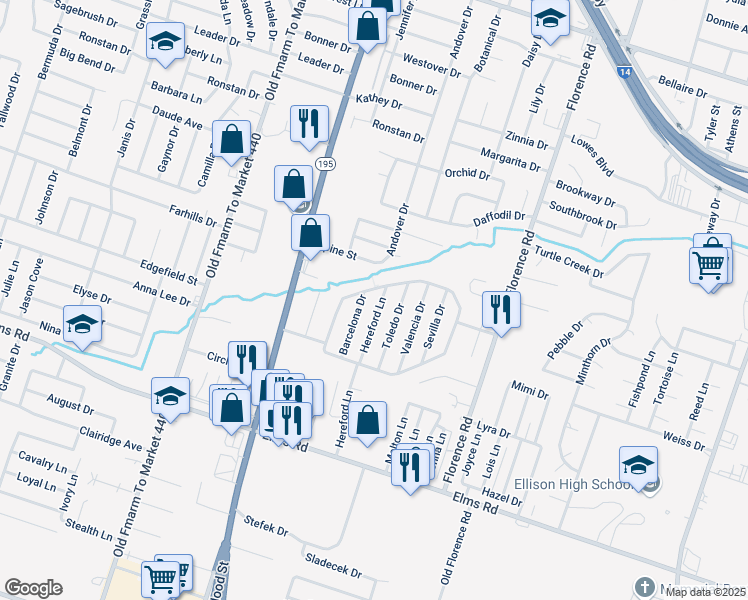 map of restaurants, bars, coffee shops, grocery stores, and more near 3209 Hereford Lane in Killeen