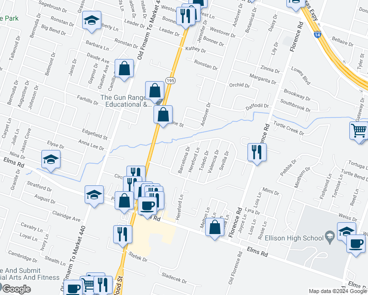 map of restaurants, bars, coffee shops, grocery stores, and more near 2812 Cantabrian Drive in Killeen