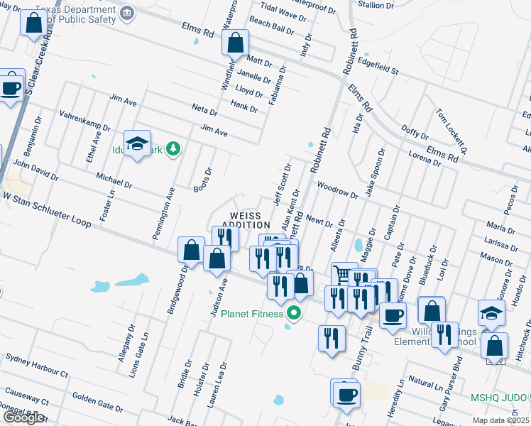 map of restaurants, bars, coffee shops, grocery stores, and more near 4408 Jeff Scott Drive in Killeen