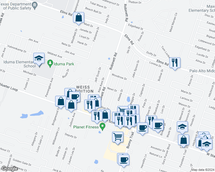 map of restaurants, bars, coffee shops, grocery stores, and more near 4305 Deek Drive in Killeen