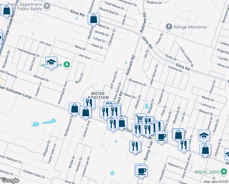map of restaurants, bars, coffee shops, grocery stores, and more near 4408 Jeff Scott Drive in Killeen