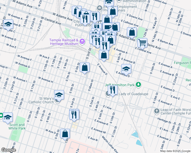 map of restaurants, bars, coffee shops, grocery stores, and more near 14 East Avenue F in Temple