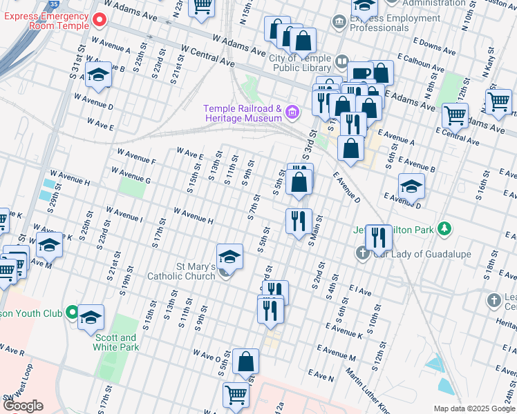map of restaurants, bars, coffee shops, grocery stores, and more near 611 South 7th Street in Temple