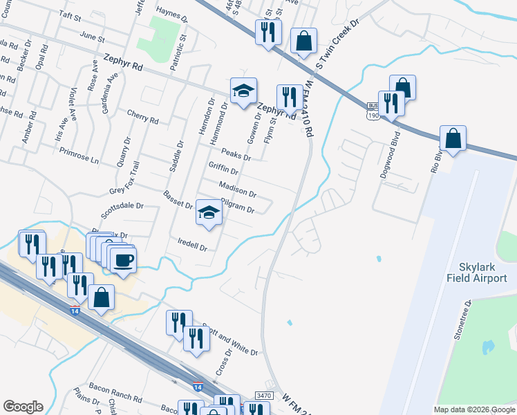 map of restaurants, bars, coffee shops, grocery stores, and more near 3905 Basset Court in Killeen