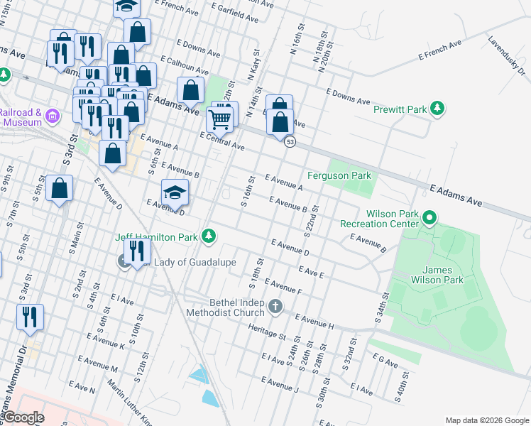 map of restaurants, bars, coffee shops, grocery stores, and more near 909 East Avenue C in Temple