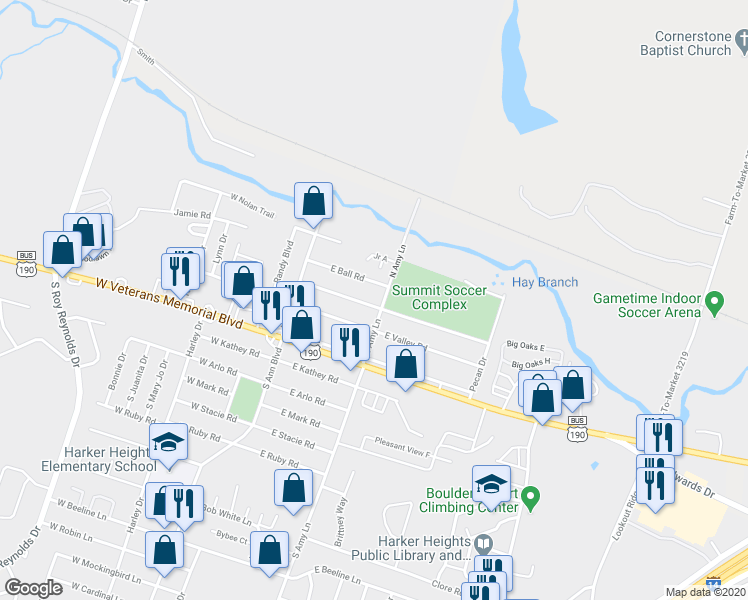 map of restaurants, bars, coffee shops, grocery stores, and more near 128 Turnbo Road in Harker Heights
