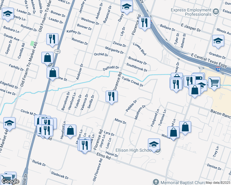 map of restaurants, bars, coffee shops, grocery stores, and more near 102 Kings Court in Killeen