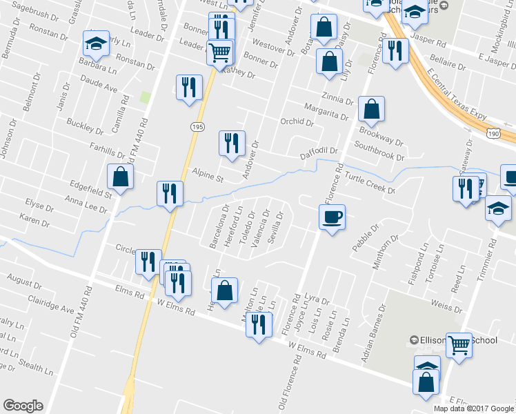 map of restaurants, bars, coffee shops, grocery stores, and more near 3301 Valencia Drive in Killeen