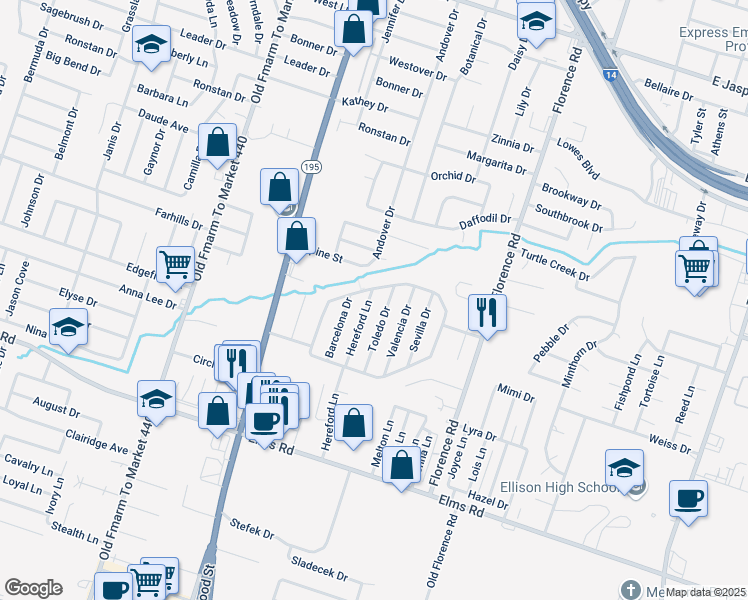 map of restaurants, bars, coffee shops, grocery stores, and more near 3209 Hereford Lane in Killeen