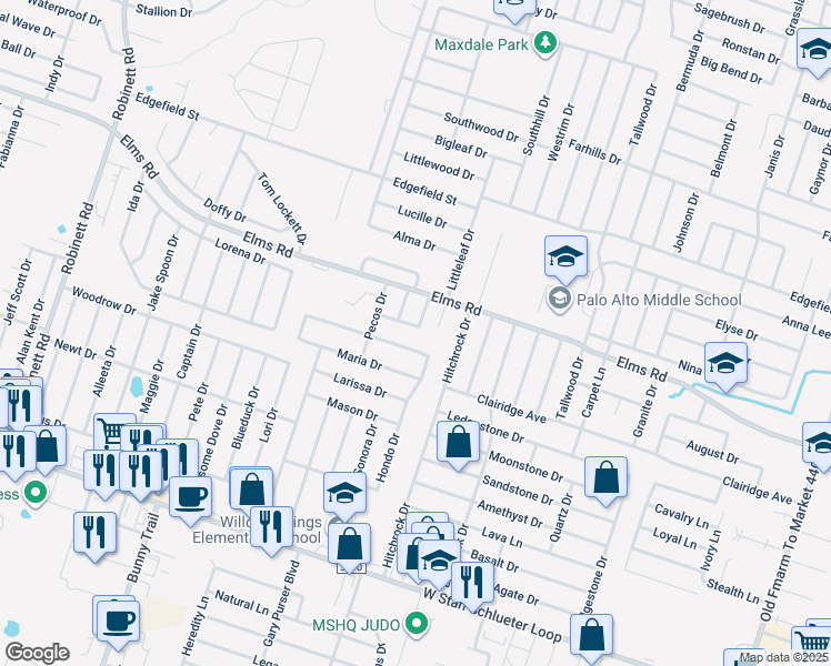 map of restaurants, bars, coffee shops, grocery stores, and more near 2602 Wesley Drive in Killeen