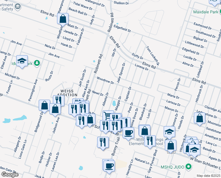 map of restaurants, bars, coffee shops, grocery stores, and more near 4308 Alleeta Drive in Killeen