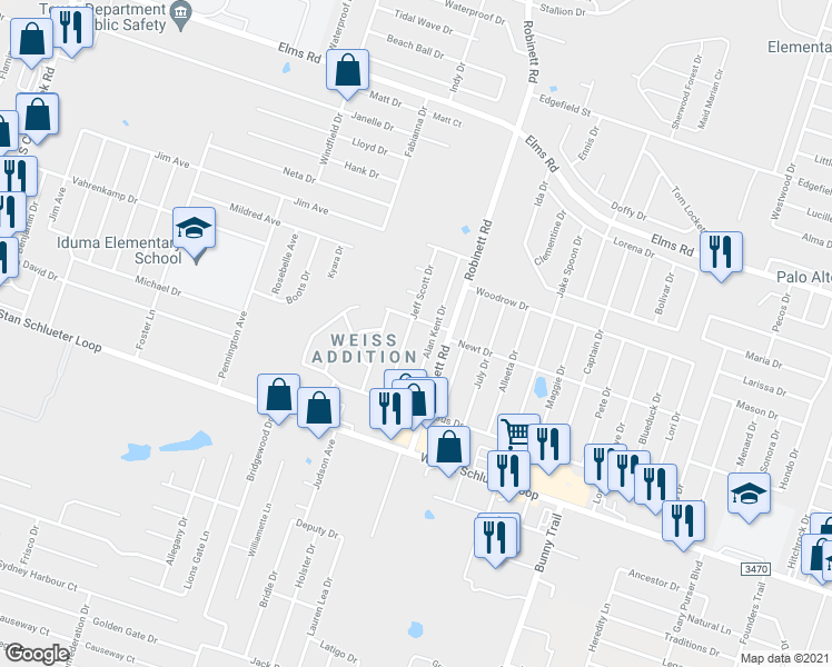 map of restaurants, bars, coffee shops, grocery stores, and more near 4408 Jeff Scott Drive in Killeen
