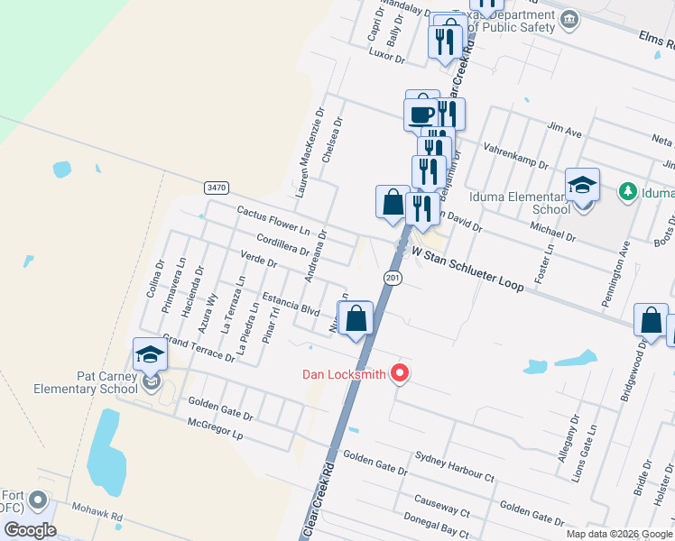 map of restaurants, bars, coffee shops, grocery stores, and more near 5001 Nuevo Lane in Killeen