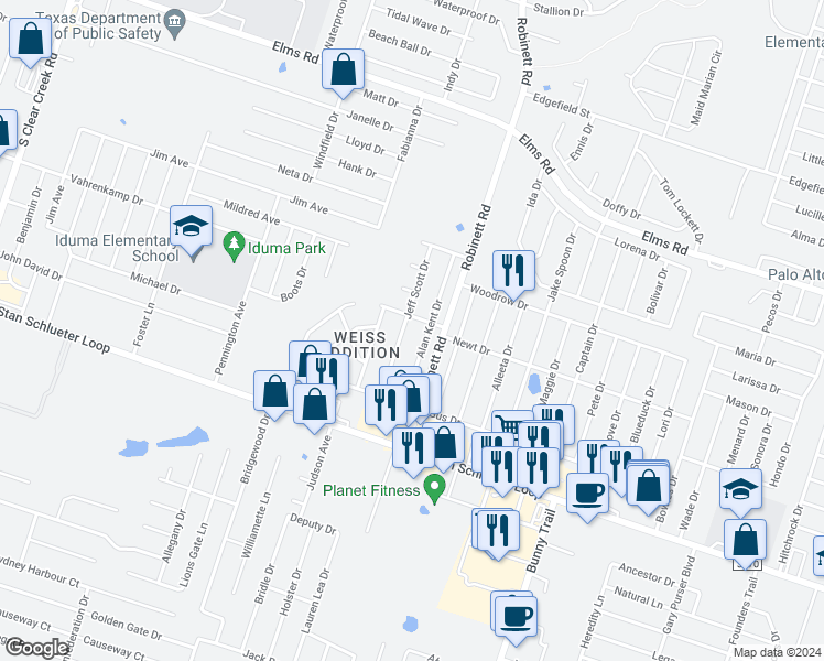 map of restaurants, bars, coffee shops, grocery stores, and more near 4400 Jeff Scott Drive in Killeen