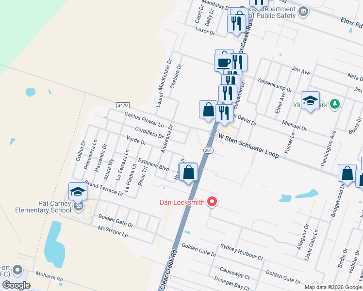 map of restaurants, bars, coffee shops, grocery stores, and more near 5902 Cactus Flower Lane in Killeen