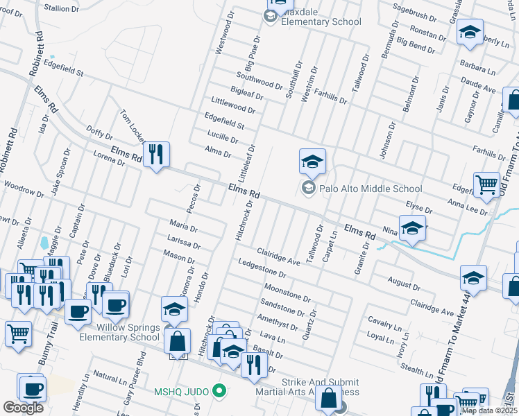 map of restaurants, bars, coffee shops, grocery stores, and more near 3805 Roundrock Drive in Killeen