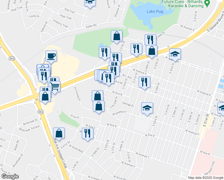 map of restaurants, bars, coffee shops, grocery stores, and more near 1305 South 55th Street in Temple