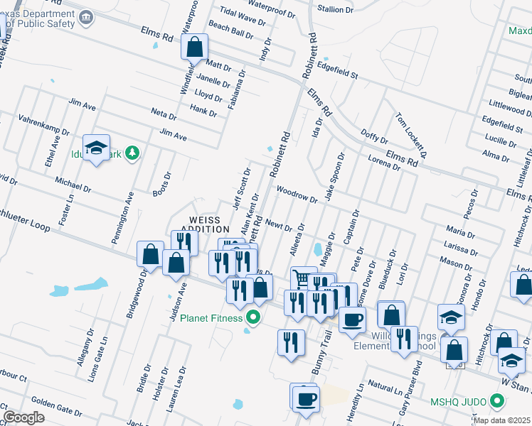 map of restaurants, bars, coffee shops, grocery stores, and more near 4204 Alan Kent Drive in Killeen