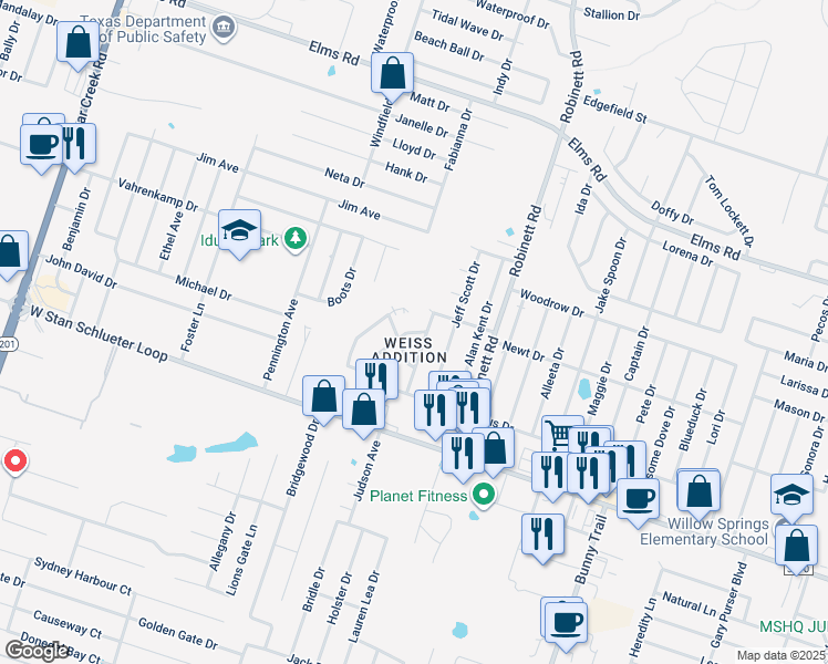 map of restaurants, bars, coffee shops, grocery stores, and more near 4302 Mattie Drive in Killeen