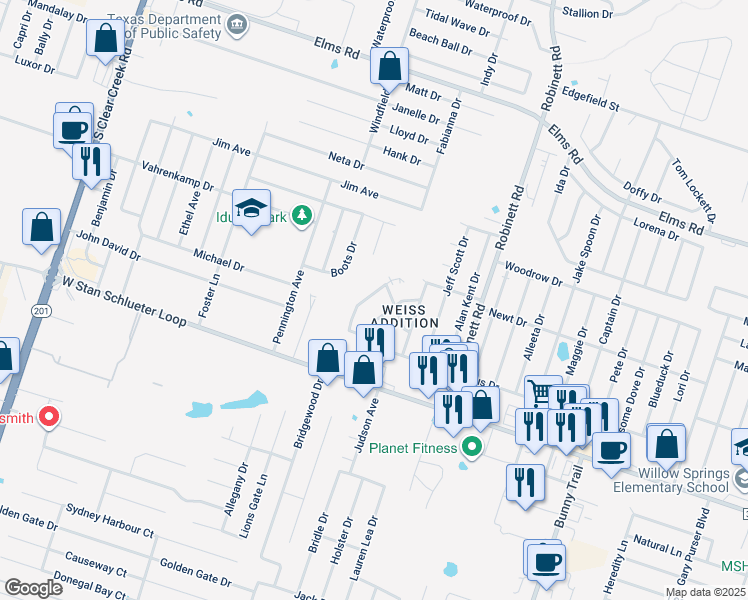 map of restaurants, bars, coffee shops, grocery stores, and more near 4401 Mattie Drive in Killeen