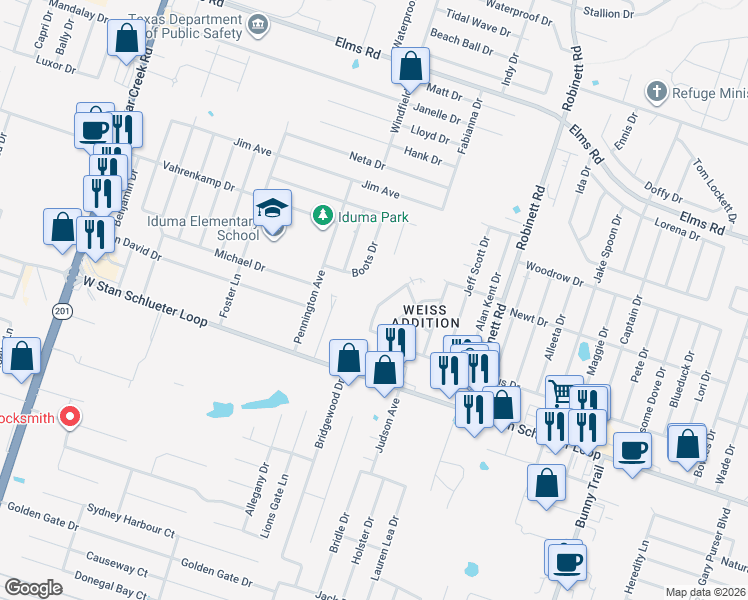 map of restaurants, bars, coffee shops, grocery stores, and more near 4402 Boots Drive in Killeen
