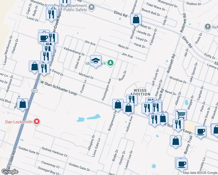 map of restaurants, bars, coffee shops, grocery stores, and more near 4404 Pennington Avenue in Killeen