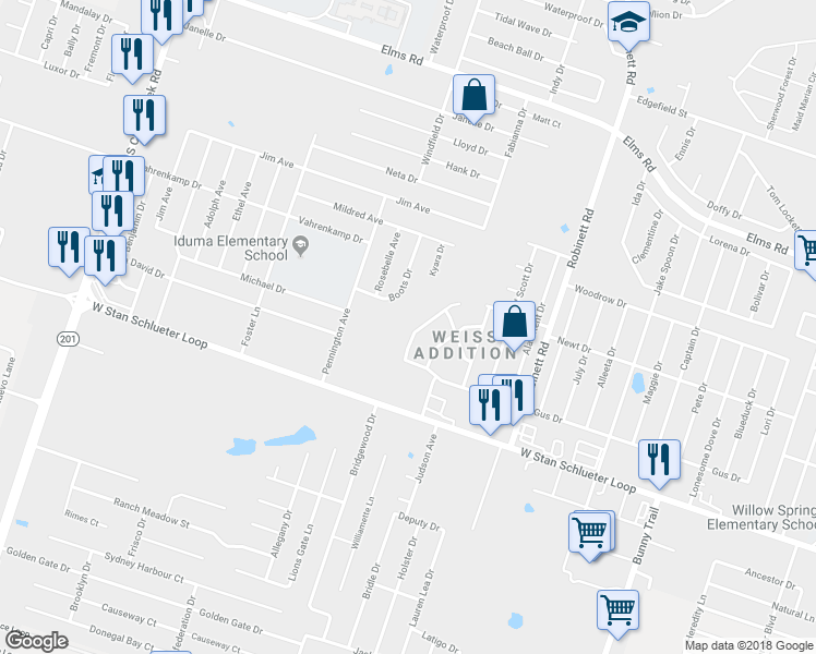 map of restaurants, bars, coffee shops, grocery stores, and more near 4407 Mattie Drive in Killeen
