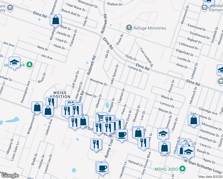 map of restaurants, bars, coffee shops, grocery stores, and more near 3507 Woodrow Drive in Killeen