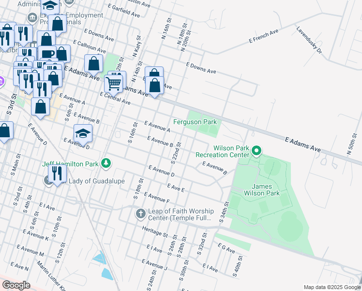 map of restaurants, bars, coffee shops, grocery stores, and more near 104 South 22nd Street in Temple