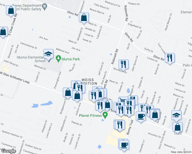 map of restaurants, bars, coffee shops, grocery stores, and more near 4401 Jeff Scott Drive in Killeen