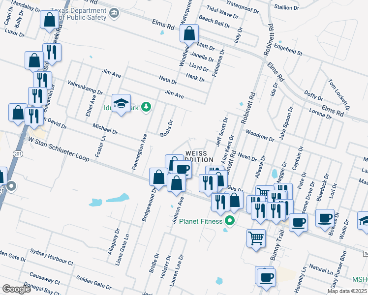 map of restaurants, bars, coffee shops, grocery stores, and more near 4401 Mattie Drive in Killeen