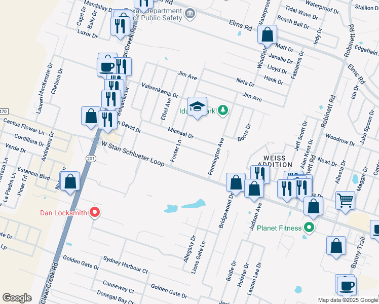 map of restaurants, bars, coffee shops, grocery stores, and more near 4705 John David Drive in Killeen
