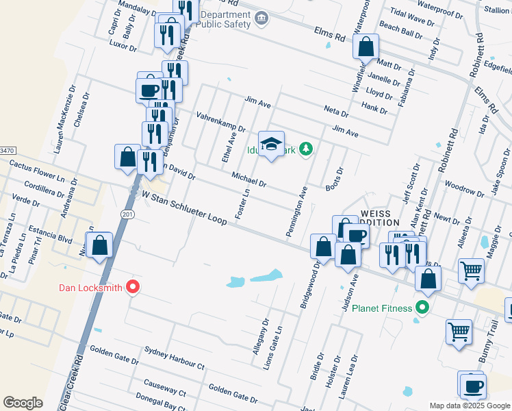 map of restaurants, bars, coffee shops, grocery stores, and more near 4705 John David Drive in Killeen