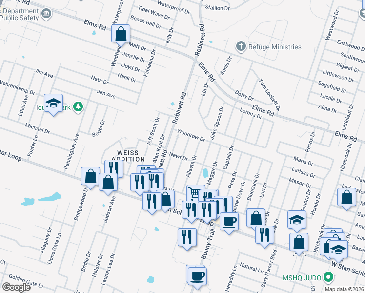map of restaurants, bars, coffee shops, grocery stores, and more near 4301 July Drive in Killeen