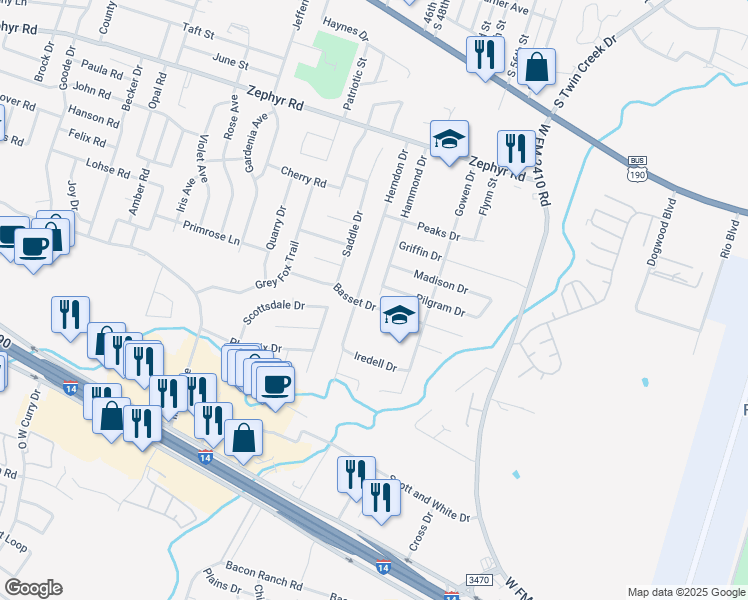 map of restaurants, bars, coffee shops, grocery stores, and more near 3605 Basset Drive in Killeen