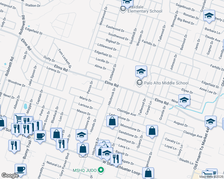 map of restaurants, bars, coffee shops, grocery stores, and more near 3805 Hitchrock Drive in Killeen