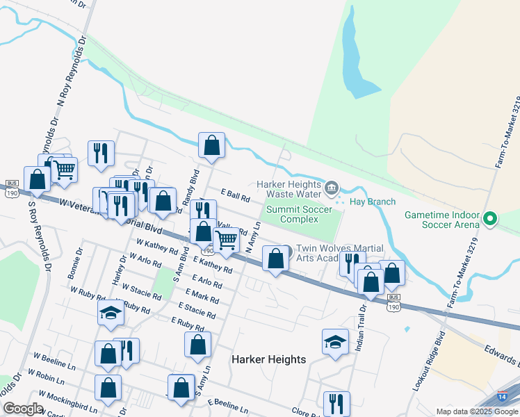 map of restaurants, bars, coffee shops, grocery stores, and more near 125 East Ball Road in Harker Heights