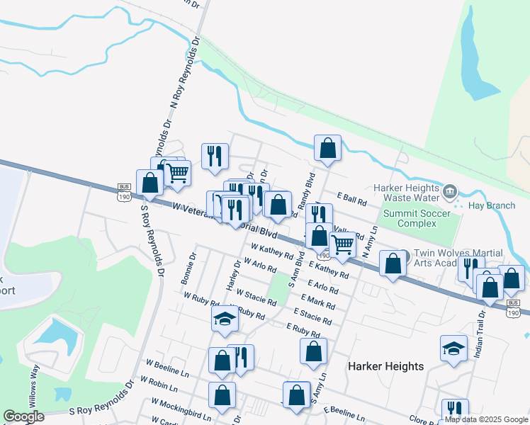 map of restaurants, bars, coffee shops, grocery stores, and more near 211 West Valley Road in Harker Heights