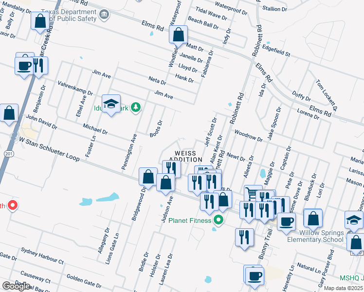 map of restaurants, bars, coffee shops, grocery stores, and more near 4302 Mattie Drive in Killeen