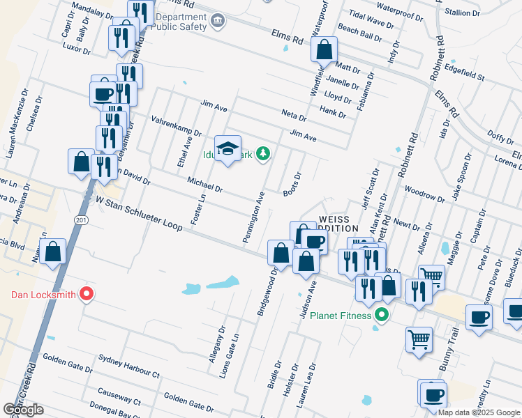 map of restaurants, bars, coffee shops, grocery stores, and more near 4404 Pennington Avenue in Killeen