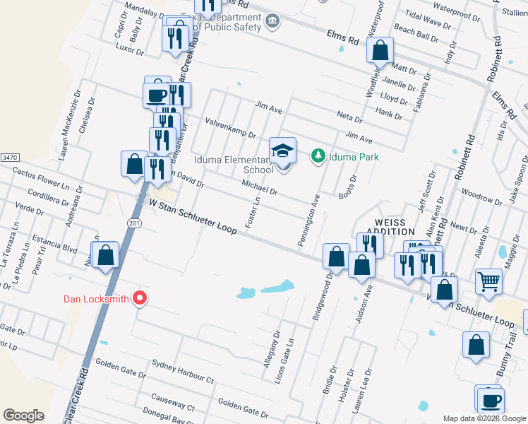 map of restaurants, bars, coffee shops, grocery stores, and more near 4705 John David Drive in Killeen