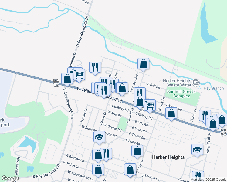 map of restaurants, bars, coffee shops, grocery stores, and more near 306 West Valley Road in Harker Heights