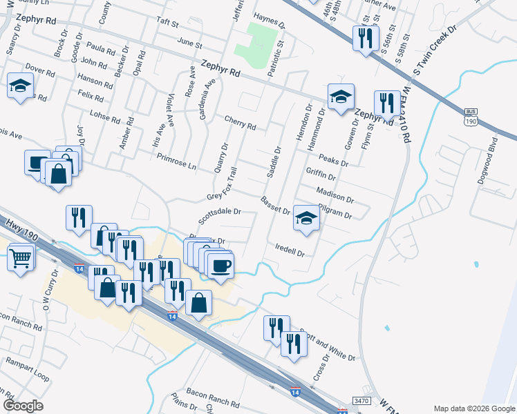 map of restaurants, bars, coffee shops, grocery stores, and more near 3504 Basset Drive in Killeen